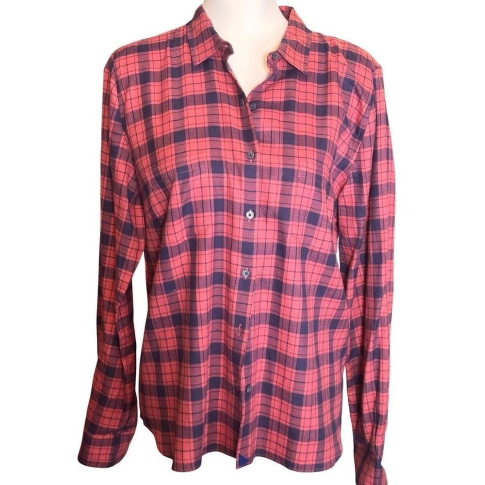 UNTUCKit Womens Size 12 Red Navy Blue Plaid Cotton Long Sleeve Button Down Shirt